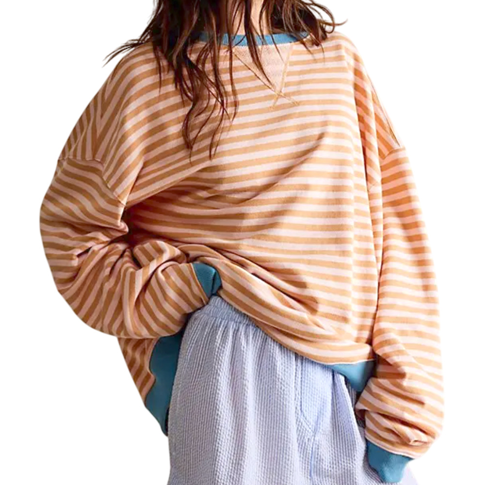 NEW FREE PEOPLE LATTE COMBO CLASSIC STRIPED OVERSIZED CREWNECK SWEATSHIRT SZ L